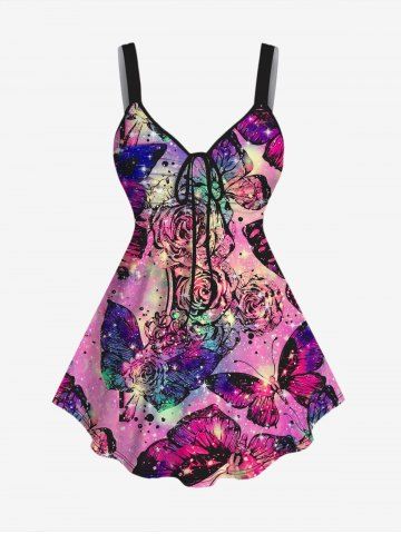 Plus Size Butterfly Flower Glitter Print Cinched Tank Top - LIGHT PINK - 1X