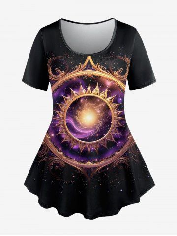 Gothic Galaxy Sparkling Sun Mirror Print T-shirt - BLACK - 1X