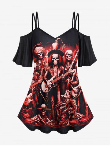 Gothic Skeleton Guitar Bloody Print Cold Shoulder Cami T-shirt - BLACK - 5X