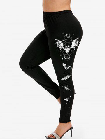 Plus Size Bat Moon Star Print Skinny Leggings - BLACK - 3X