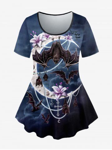 Plus Size Floral Bat Moon Bead Chain Cloud Print T-shirt - DEEP BLUE - 1X