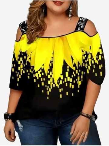 Plus Size Flower Colorblock Print Sparkling Sequin Cold Shoulder T-shirt - YELLOW - 2XL