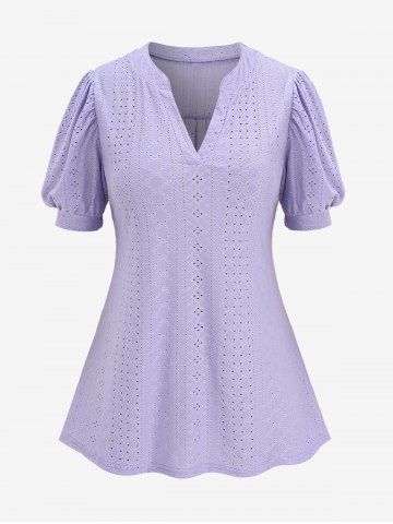 Plus Size Eyelet Puff Sleeves Solid V Cut Short Sleeves T-shirt - PURPLE - L