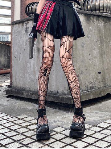Spider Web Skull Hollow Out Suspenders Stockings - BLACK