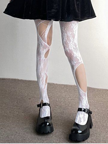 Gothic Floral Fishnet Ripped Cut Out Tights - WHITE