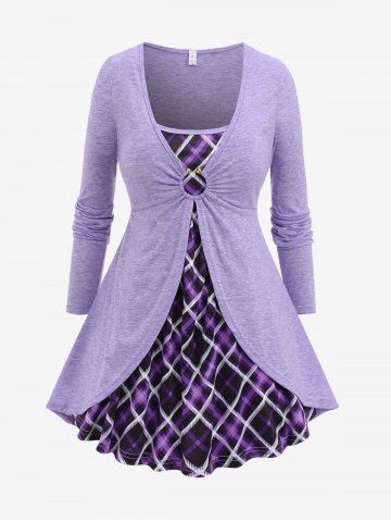 Plus Size O-Ring Buckle Cinched Plaid 2 in 1 Long Sleeves T-shirt - PURPLE - M | US 10