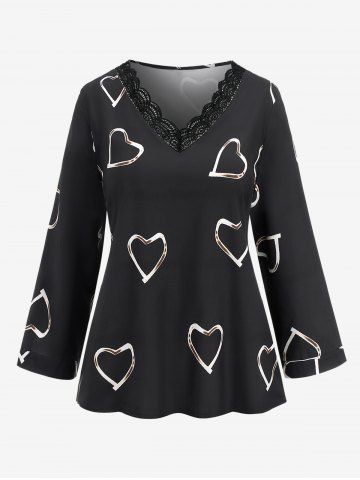 Plus Size Heart Shape Print Lace Trim T-shirt - BLACK - XL