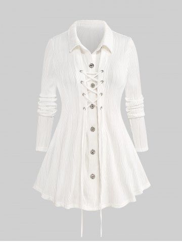 Plus Size Ribbed Buttons Lace Up Lapel Collar Solid Ruched Long Sleeves Blouse - WHITE - L | US 12