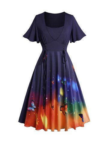 Plus Size Dreamy Butterfly Print Lace Up Flutter Sleeve Casual Midi Dress - DEEP BLUE - 1X