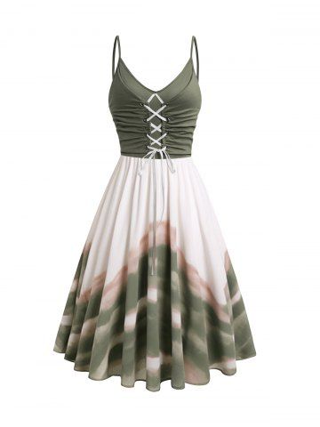 Tie Dye Print Colorblock Lace Up Midi Dress - GREEN - S