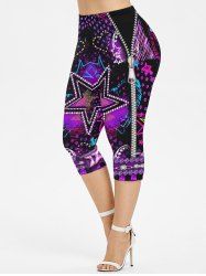 Plus Size 3D Zipper Pentagram Heart Colorful Light Beam Print Capri Leggings -  