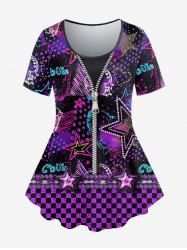 Plus Size 3D Zipper Pentagram Heart Plaid Colorful Light Beam Print T-shirt -  