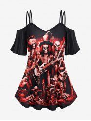 T-shirt Gothique Guitare Squelette Imprimée à Epaule Dénudée à Bretelle - Noir L