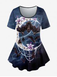 Plus Size Floral Bat Moon Bead Chain Cloud Print T-shirt -  