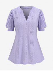 Plus Size Eyelet Puff Sleeves Solid V Cut Short Sleeves T-shirt -  