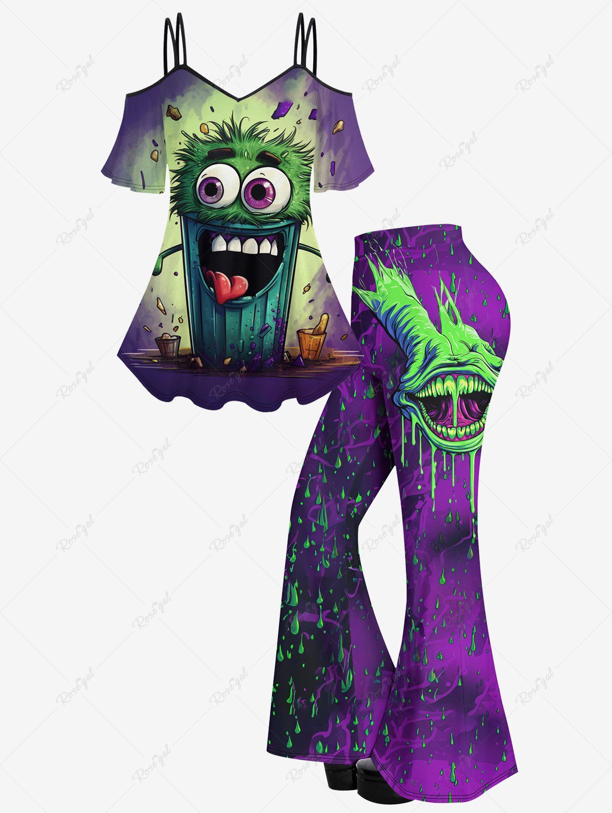 Affordable Cartoon Cute Face Cup Print Cold Shoulder T-shirt And Monster Rainy Print Flare Pants Gothic Outfit  