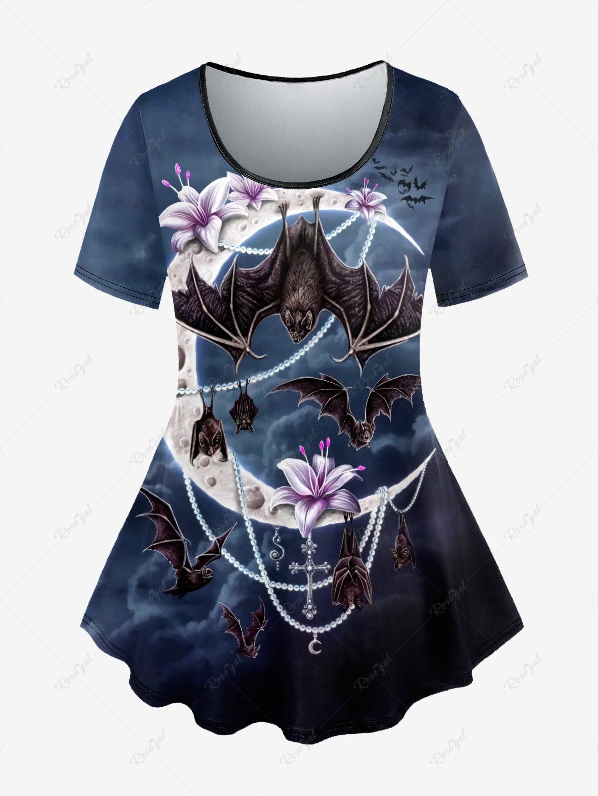 Outfit Plus Size Floral Bat Moon Bead Chain Cloud Print T-shirt  