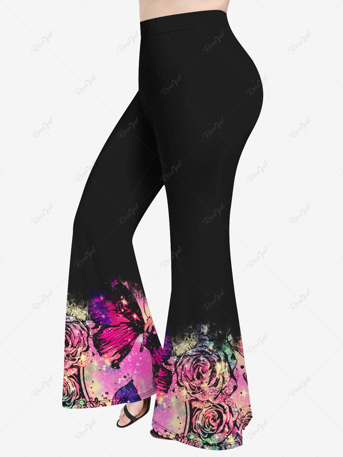 Pantalon Évasé à Imprimé Papillons et Fleurs Brillantes Grande-Taille Noir 6X
