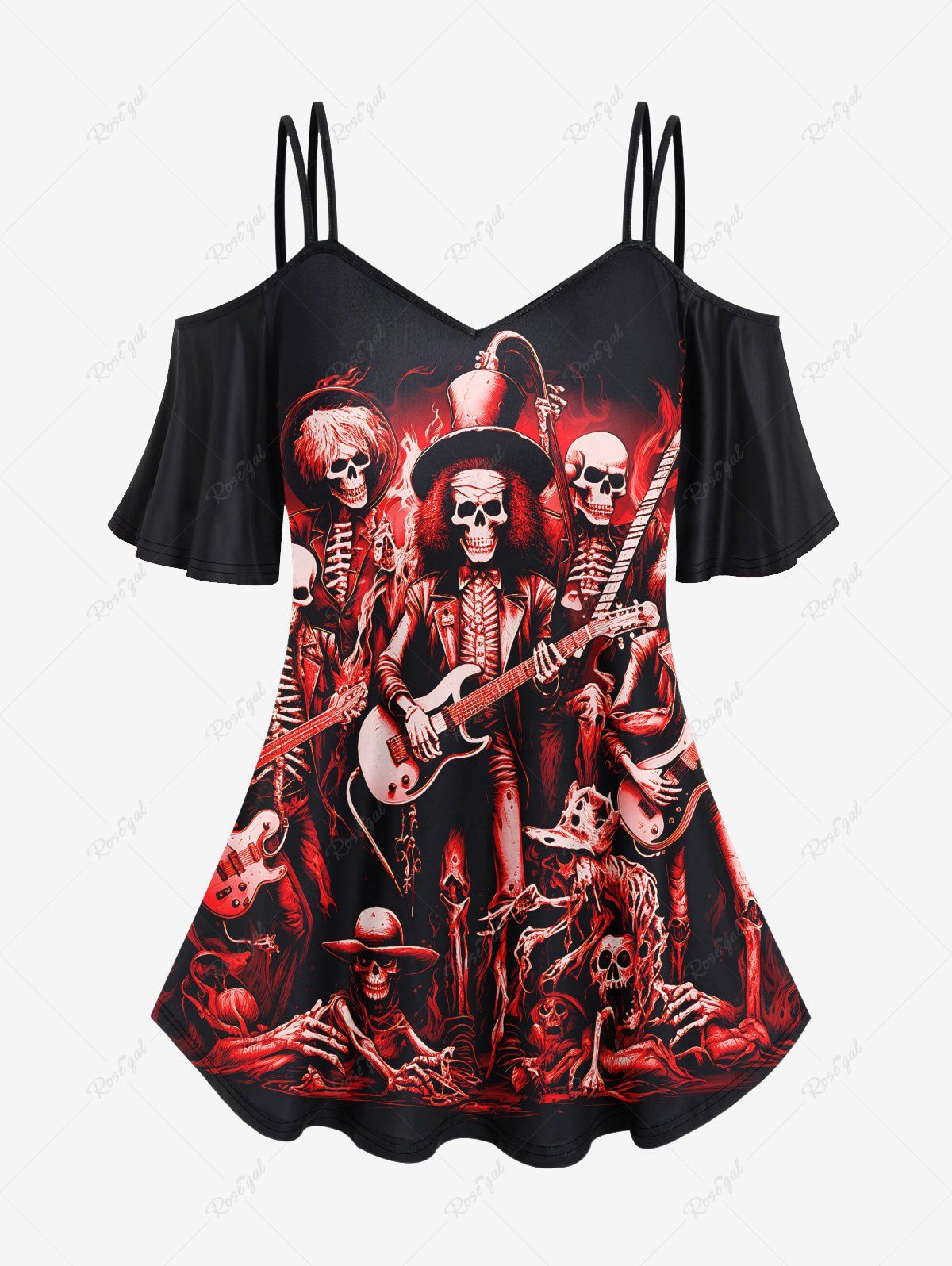 T-shirt Gothique Guitare Squelette Imprimée à Epaule Dénudée à Bretelle Noir 2X