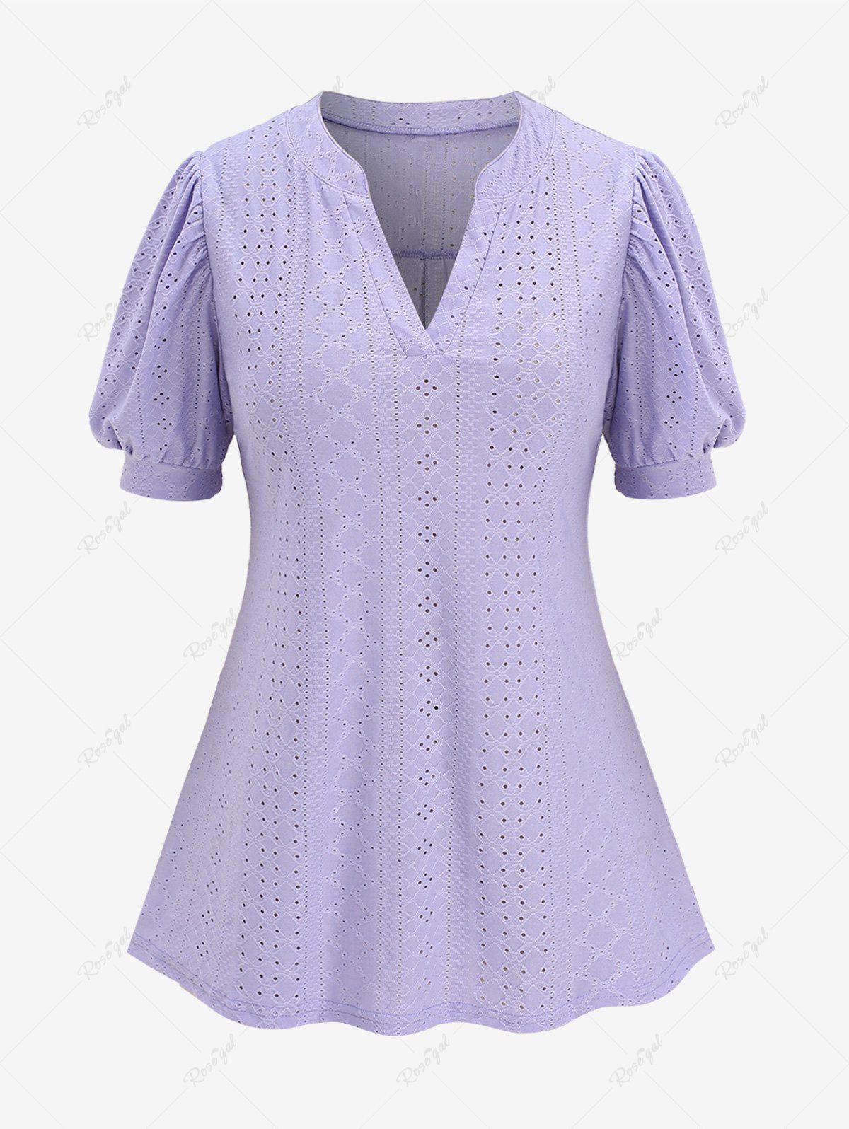 Affordable Plus Size Eyelet Puff Sleeves Solid V Cut Short Sleeves T-shirt  