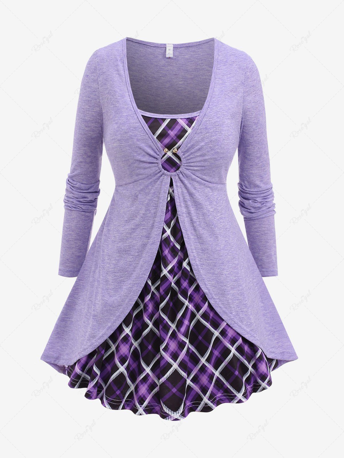 Outfit Plus Size O-Ring Buckle Cinched Plaid 2 in 1 Long Sleeves T-shirt  