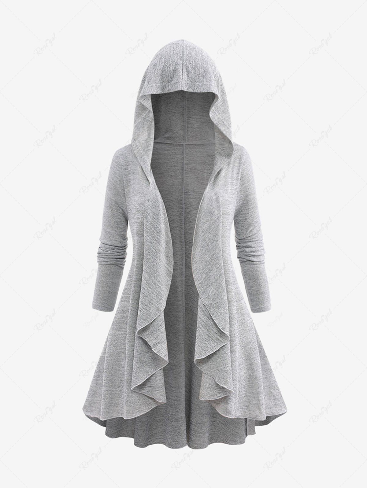 Affordable Plus Size Marled Ruffles Hooded Cardigan  