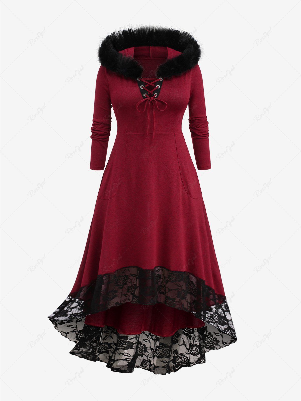 Latest Plus Size Fur Collar Lace Up Floral Lace Panel Ruched High Low Pockets Dress  