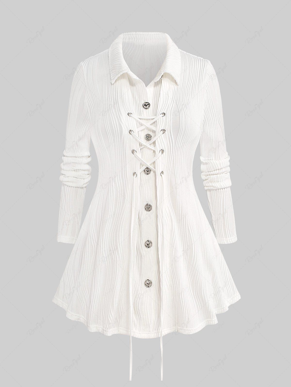 Plus Size Ribbed Buttons Lace Up Lapel Collar Solid Ruched Long Sleeves Blouse Blanc 4X | US 26-28