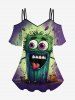 Cartoon Cute Face Cup Print Cold Shoulder T-shirt And Monster Rainy Print Flare Pants Gothic Outfit -  