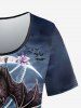 Plus Size Floral Bat Moon Bead Chain Cloud Print T-shirt -  