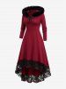 Plus Size Fur Collar Lace Up Floral Lace Panel Ruched High Low Pockets Dress -  