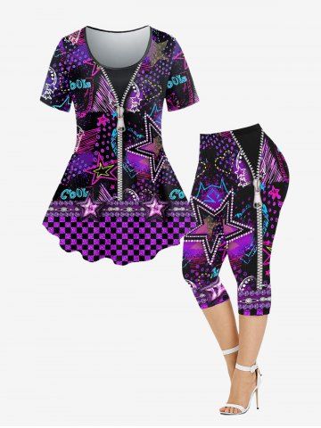Plus Size 3D Zipper Pentagram Heart Plaid Colorful Light Beam Printed T-shirt and Leggings Outfit - PURPLE