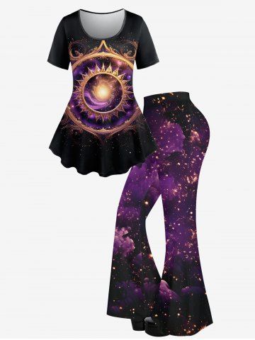 Galaxy Sparkling Sun Mirror Print T-shirt And Cloud Glitter Sparkling Print Flare Pants Gothic Outfit - BLACK