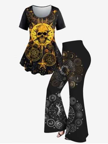 Sun Skull Divination Glitter Print Short Sleeves T-shirt And 3D Sun Moon Star Glitter Print Flare Pants Gothic Outfit - BLACK