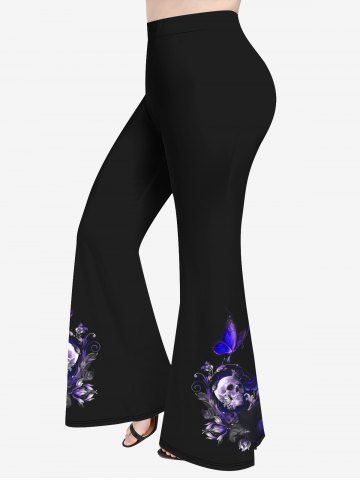 Plus Size Skull Floral Butterfly Glitter Leaf Print Halloween Flare Pants