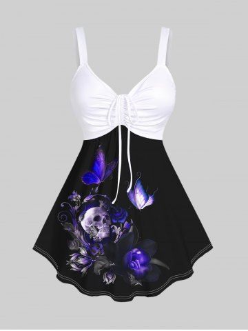 Plus Size Skull Floral Butterfly Glitter Print Cinched Tank Top - WHITE - XS