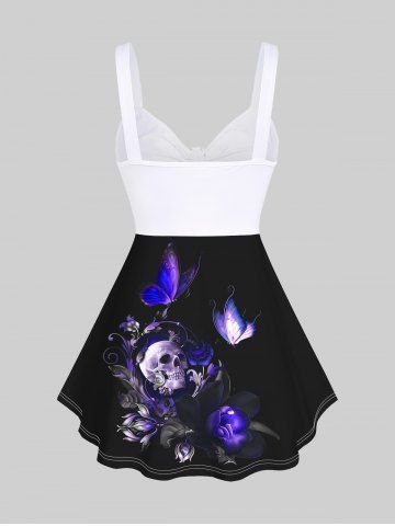 Plus Size Skull Floral Butterfly Glitter Print Cinched Tank Top