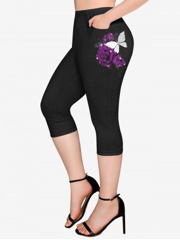 Plus Size Butterfly Rose Glitter Print Pockets Capri Leggings - PURPLE - 3X