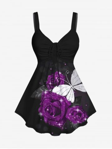 Plus Size Butterfly Rose Glitter Print Cinched Tank Top - PURPLE - S