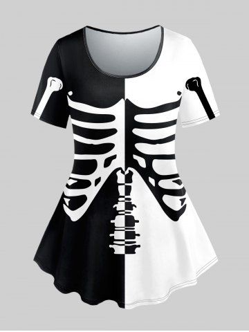 T-shirt D'Halloween Bicolore Squelette Imprimée - BLACK - XS