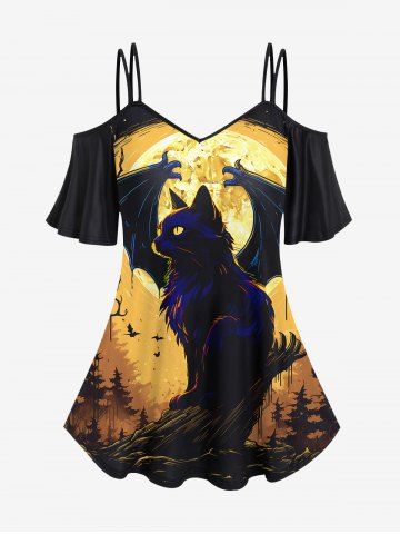 T-shirt D'Halloween Gothique Chat Arbre et Chauve-souris Imprimés à Epaule Dénudée - BLACK - 1X