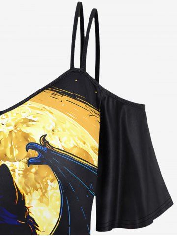 Gothic Cat Bat Moon Tree Glitter Print Cold Shoulder Halloween Cami T-shirt