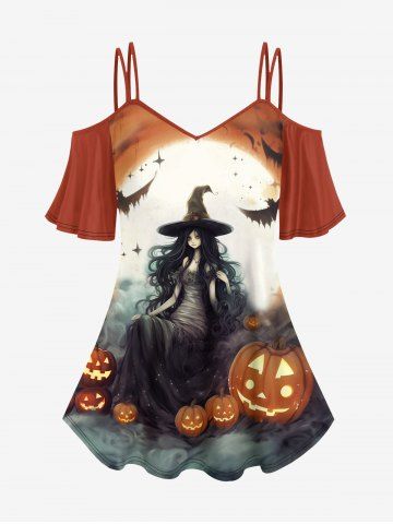 Halloween Pumpkin Wizard Bat Moon Glitter Print Cold Shoulder Cami T-shirt - RED - 2X