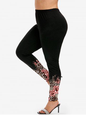 Plus Size Floral Leaf Colorblock Print Skinny Leggings - BLACK - 3X