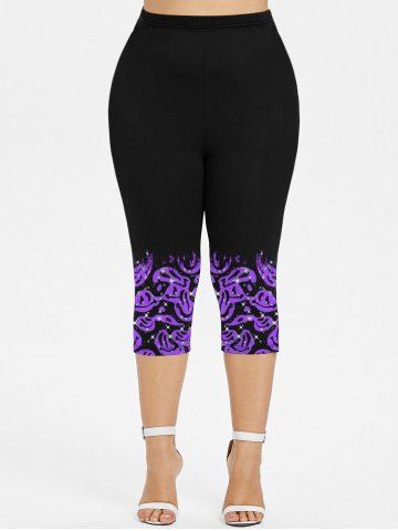 Plus Size Smile Face Glitter Sparkling Printed Capri Leggings