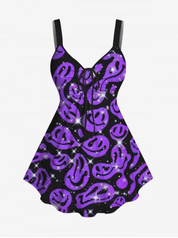 Plus Size Smile Face Glitter Sparkling Printed Cinched Tank Top - PURPLE - M