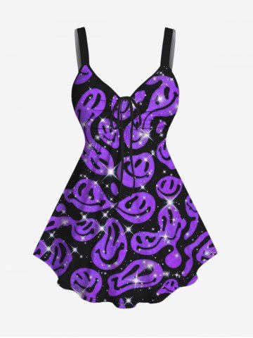 Plus Size Smile Face Glitter Sparkling Printed Cinched Tank Top - PURPLE - 2X