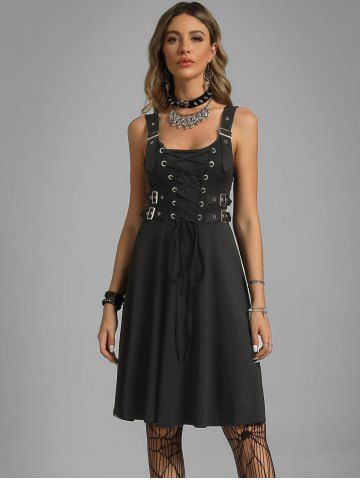 Plus Size Lace Up Buckles A Line Sleeveless Gothic Dress - BLACK - S | US 8
