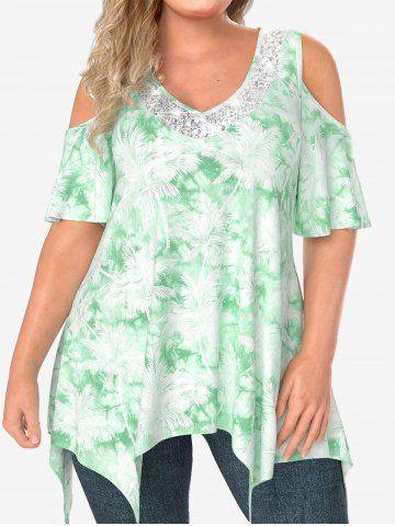 Plus Size Coconut Tree Printed Sequins Cold Shoulder Handkerchief T-shirt - LIGHT GREEN - XL