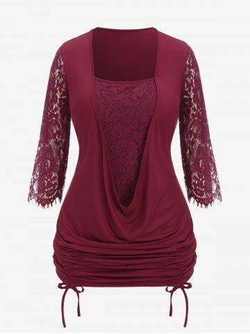 Plus Size Floral Lace Panel Ruched Cinched Bowknot Tied Long Sleeves T-shirt - DEEP RED - L